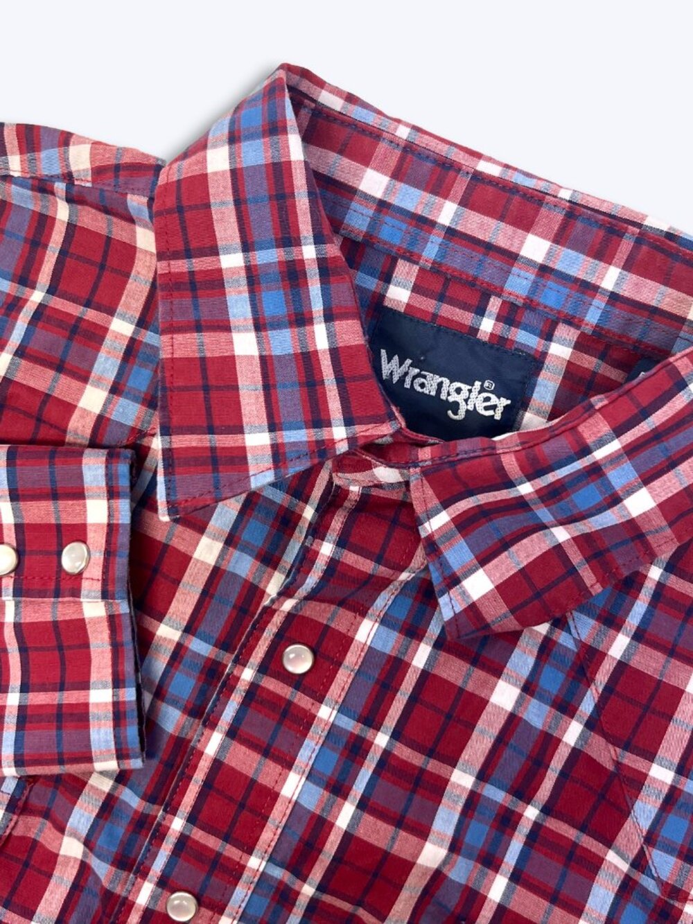 Wrangler Mens L Pearl Snap Shirt Western Red White Blue Plaid Cowboy Ranch Yoke